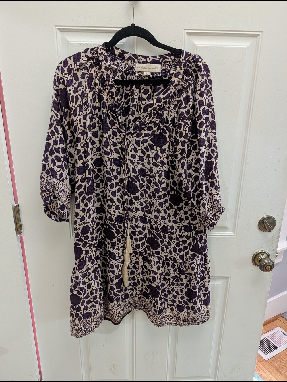 Natalie Martin 100% Silk Purple and Cream Printed Boho Dress